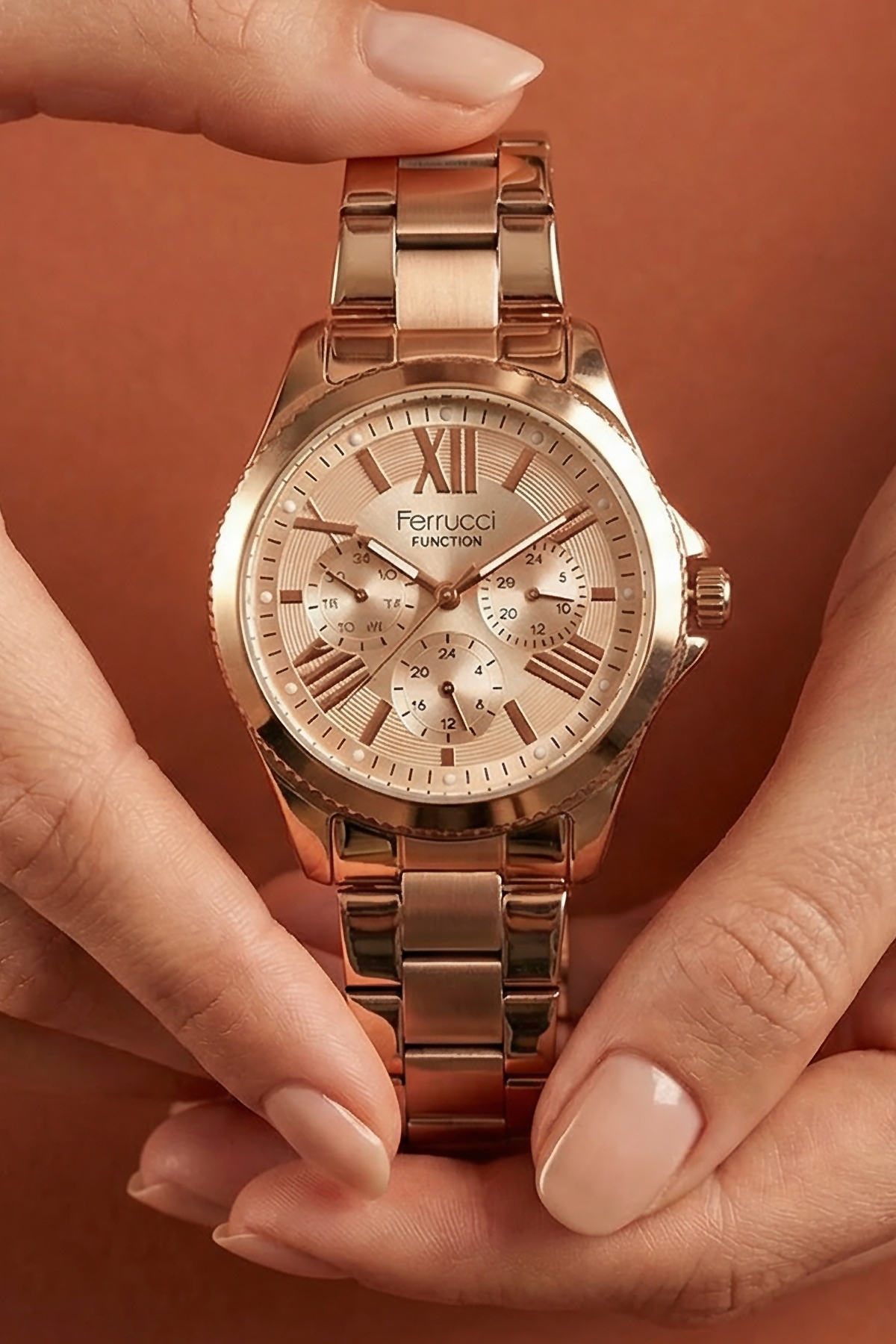 Ferrucci Tüm Fonksiyonları Aktif, Takvimli, Taşlı Çelik Bilezik Rose Gold Kadın Kol Saati Bileklik Hediyeli