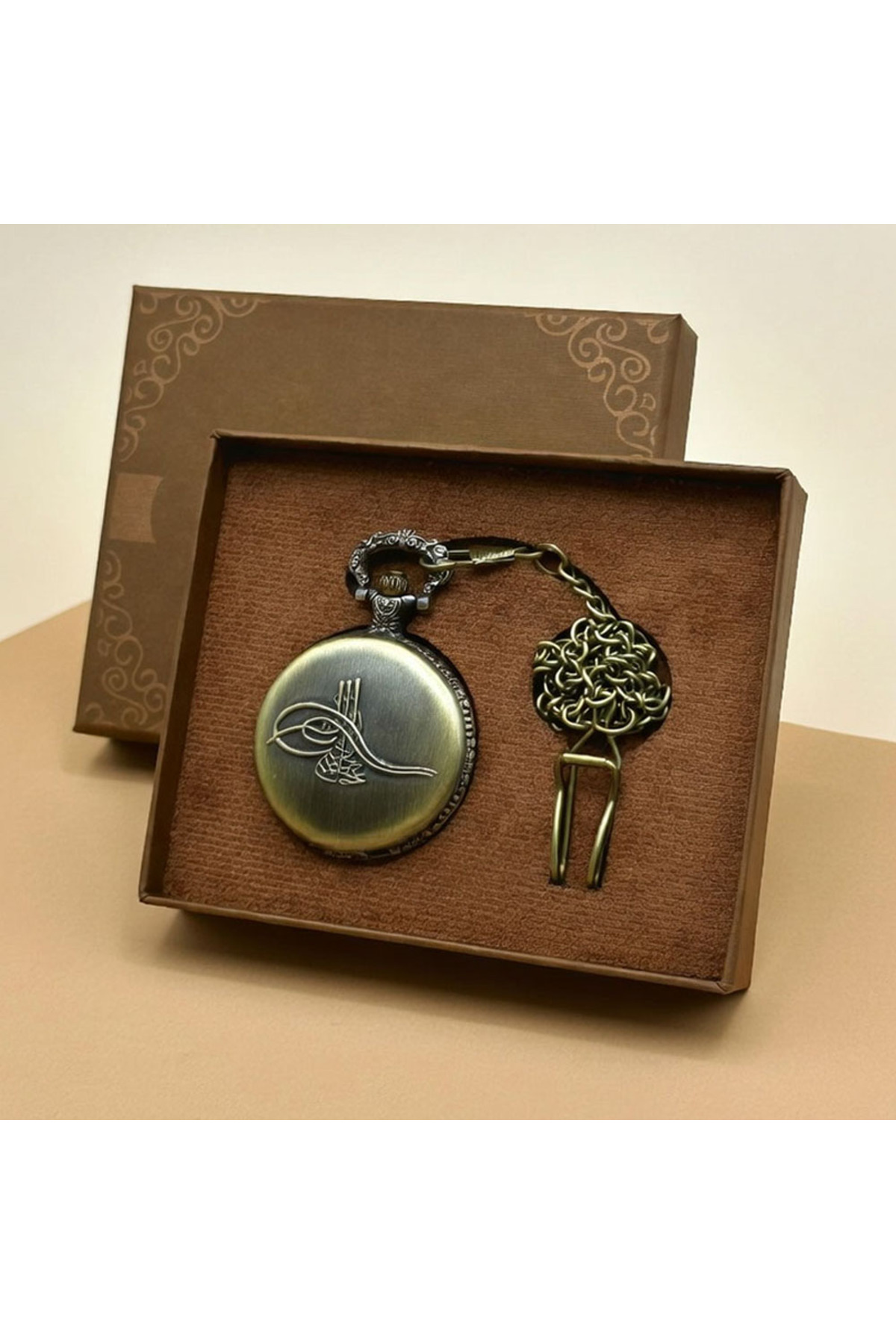 Store Osmanlı Tuğralı Kutulu Köstekli Saat Antik Tasarım Metal Cep Saati