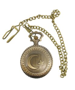 UpWay Ay Yıldız Desenli Pilli Pirinç Köstekli Saat Çini Desenli Metal Kutulu
