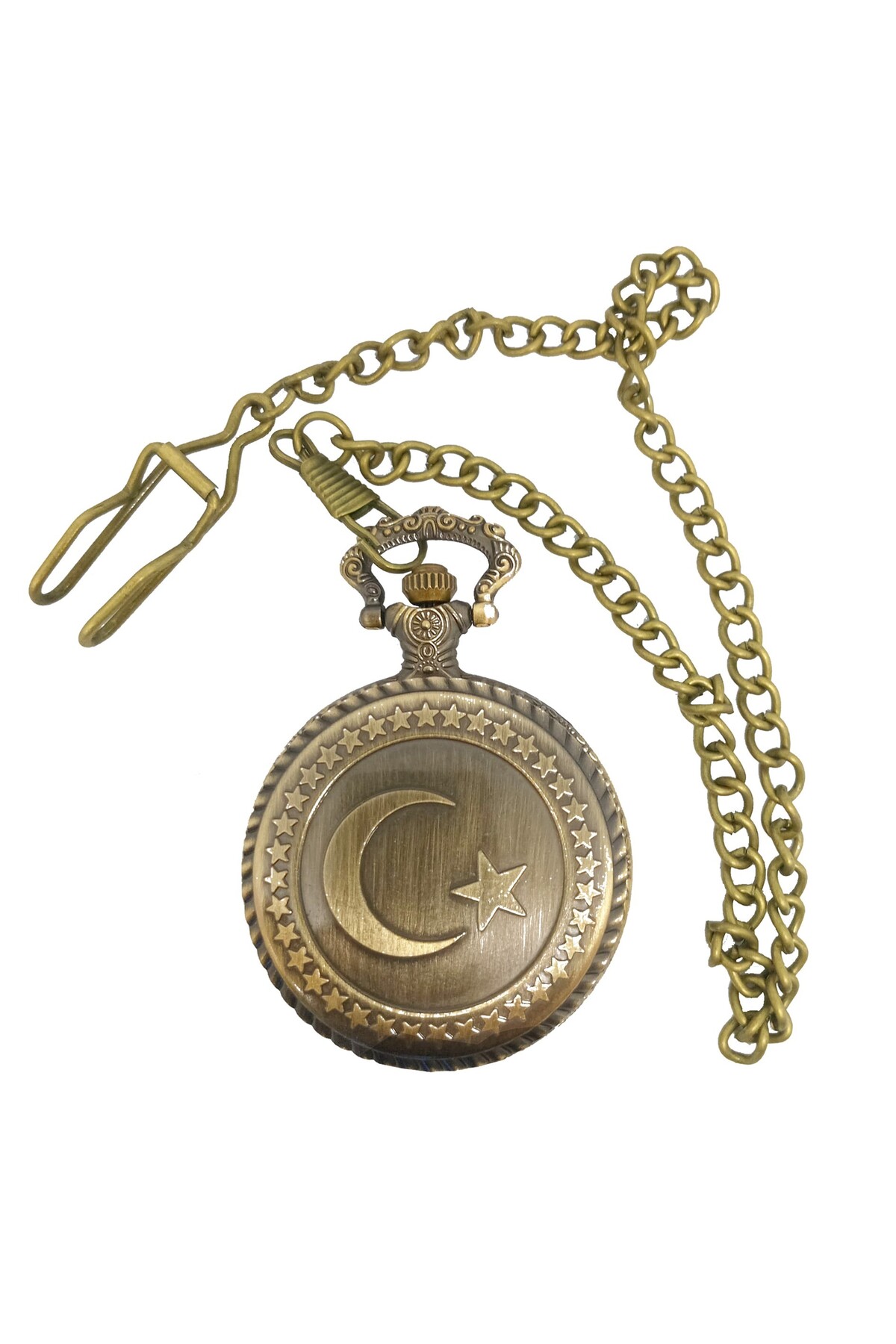 UpWay Ay Yıldız Desenli Pilli Pirinç Köstekli Saat Çini Desenli Metal Kutulu