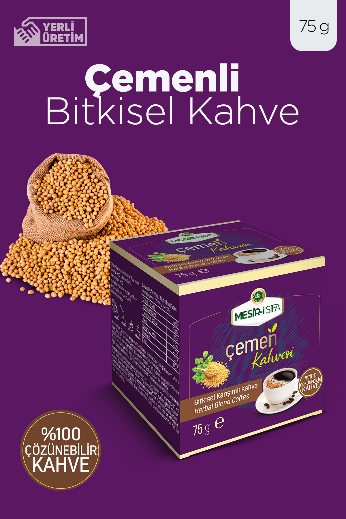 Mesirişifa Çemenli Bitkisel Kahve Bitkisel Karışımlı Çözünebilir Yumuşak İçim Çemen Kahvesi 75gr