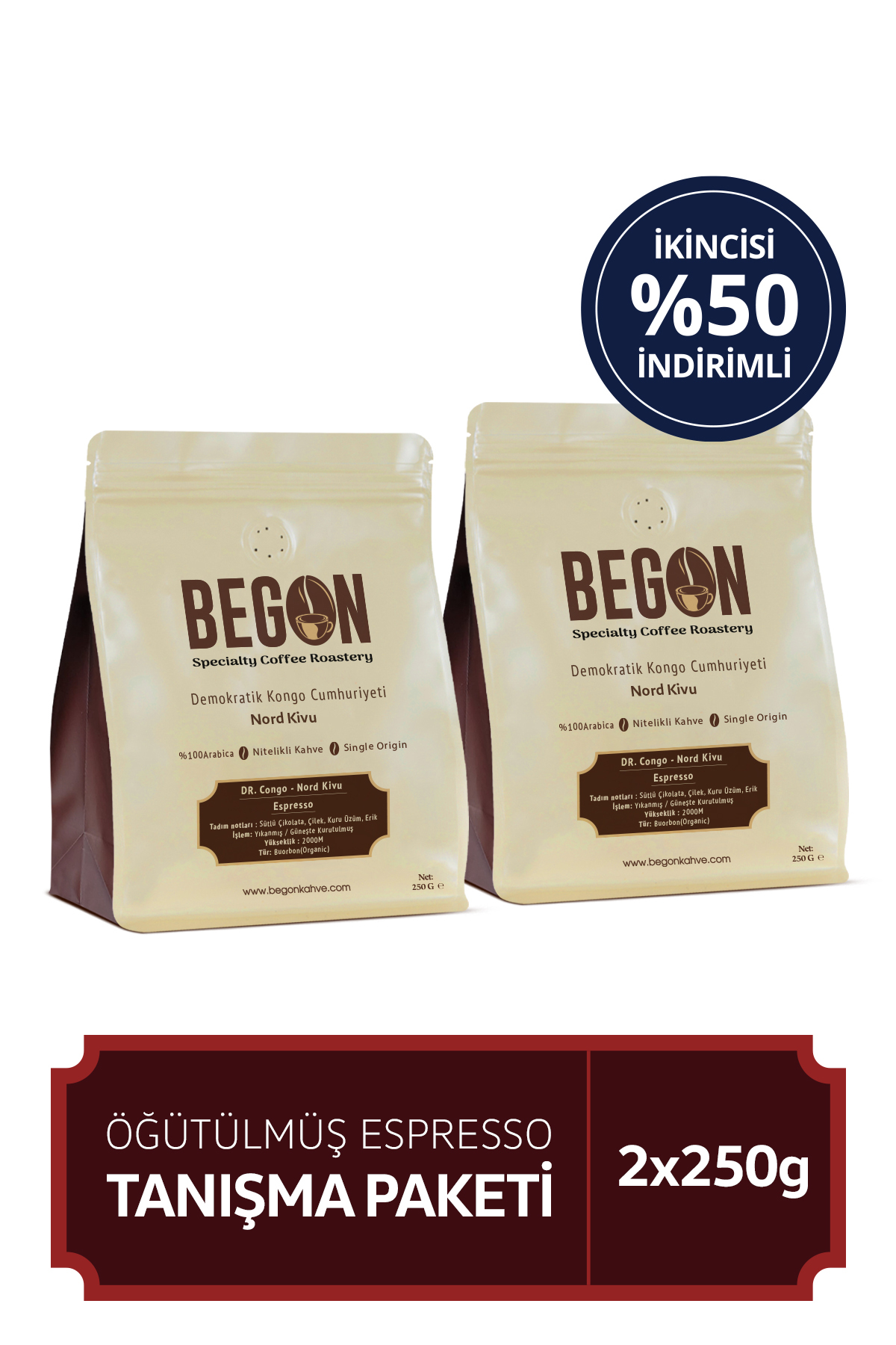 BEGON Nord Kivu Premium Espresso (ÖĞÜTÜLMÜŞ) Kahve Tanışma Paketi 250g x 2 Adet