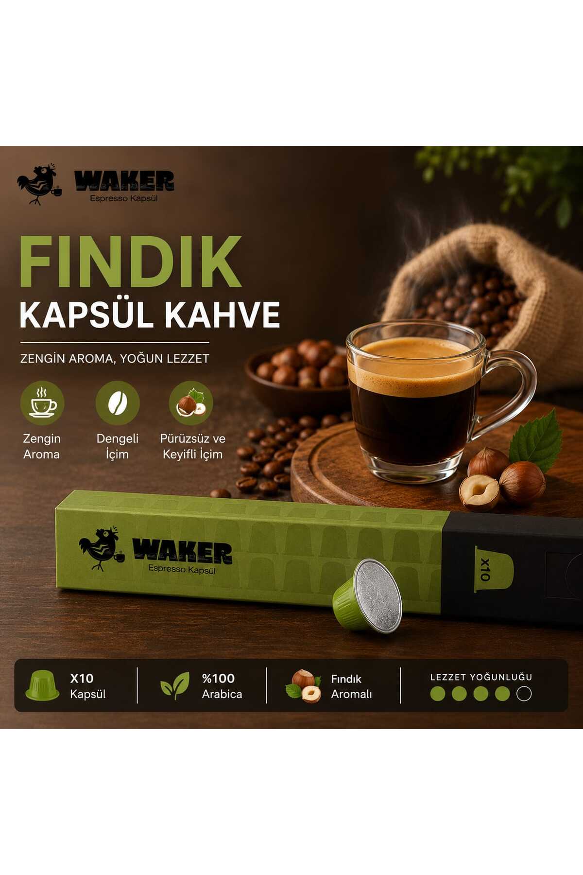 United Foods WAKER Fındık Aromalı Kapsül Kahve 10'lu Paket – Yoğun Aroma ve Lezzet - Görsel 2