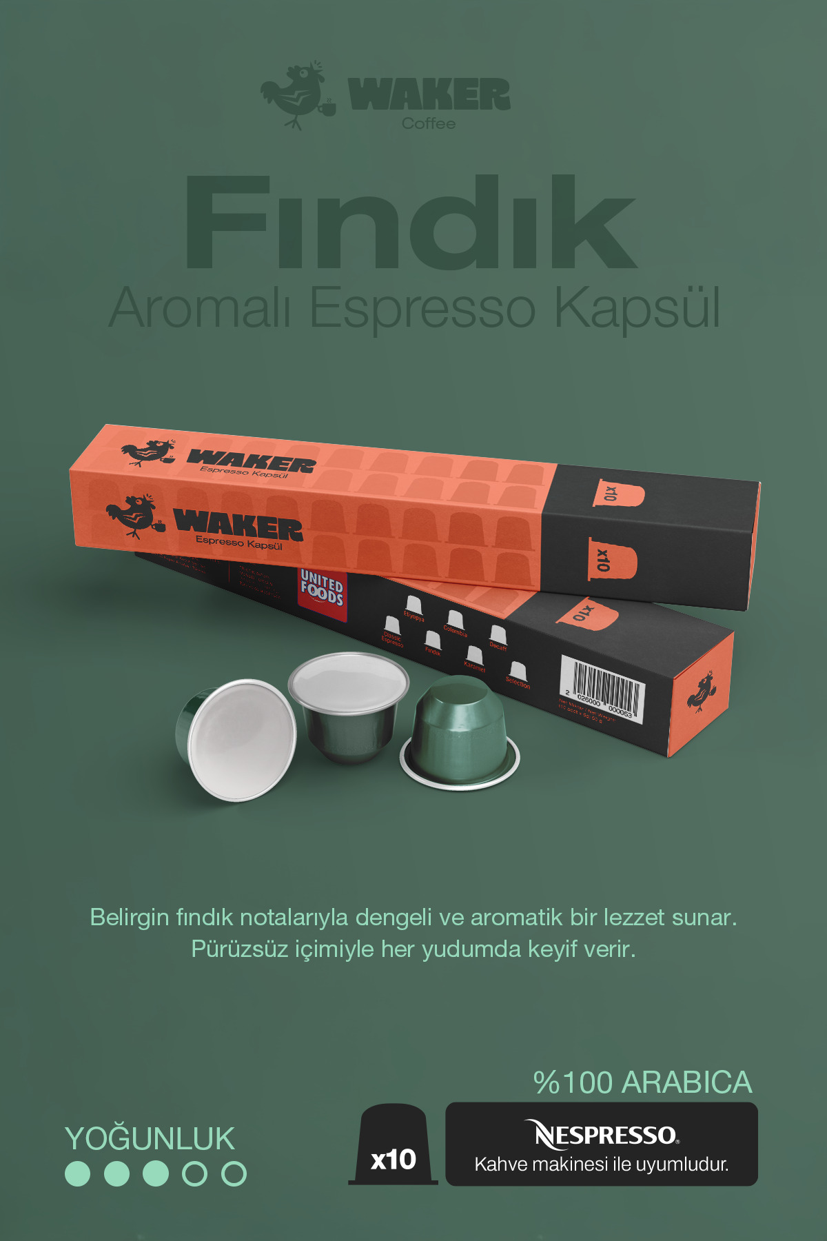 United Foods WAKER Fındık Aromalı Kapsül Kahve 10'lu Paket – Yoğun Aroma ve Lezzet