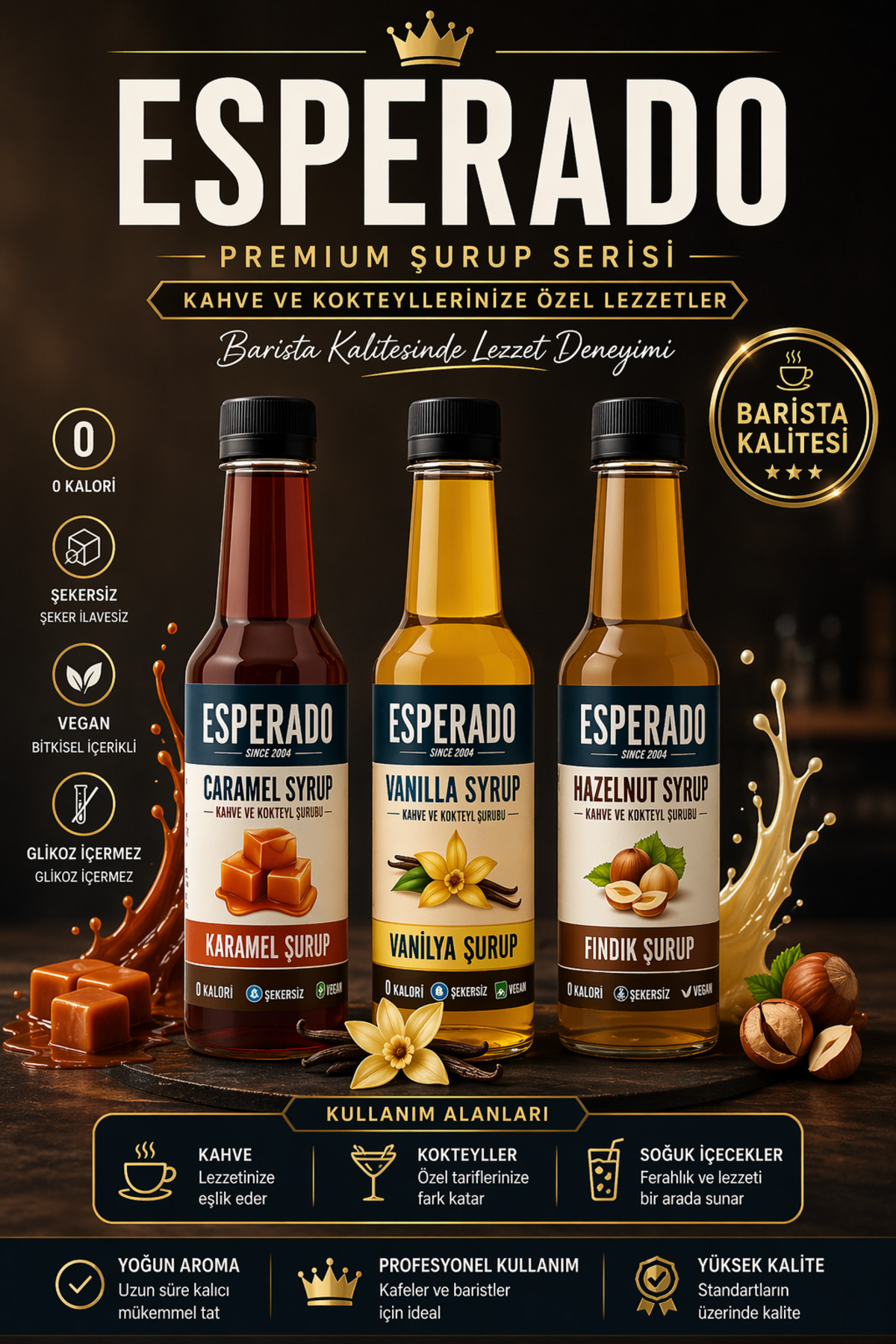 ESPERADO Şekersiz Sugar Free Vanilya-karamel-fındık Aromalı Kahve Şurubu 250 ml X 3 Adet