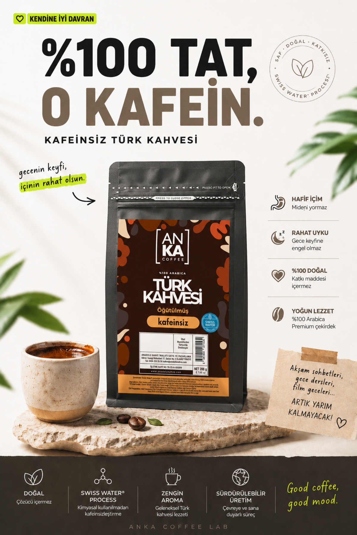 ANKA Coffee Kafeinsiz Öğütülmüş Türk Kahvesi 200g