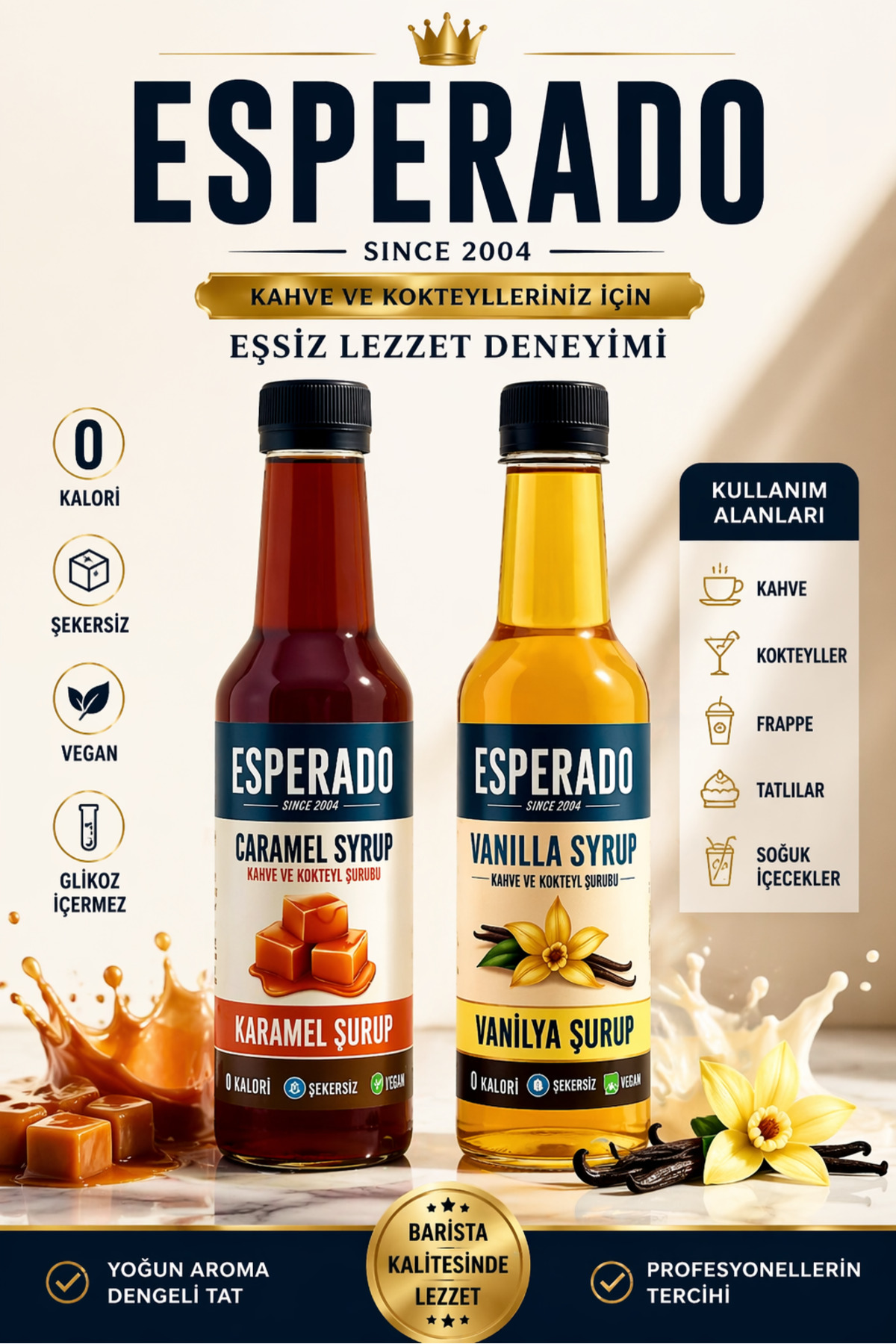 ESPERADO Şekersiz ( Sugar Free) - Vanilya * Karamel Aromalı Kahve Şurubu 2 Li Set 250 ml X 2 Ad.