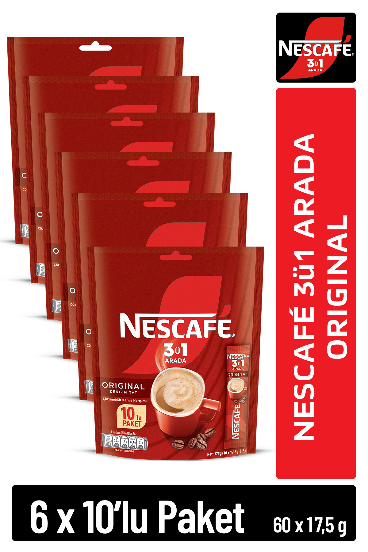 Nescafe 3ü1 Arada Original Çözünebilir Kahve 17,5g 10'lu Paket 10X6