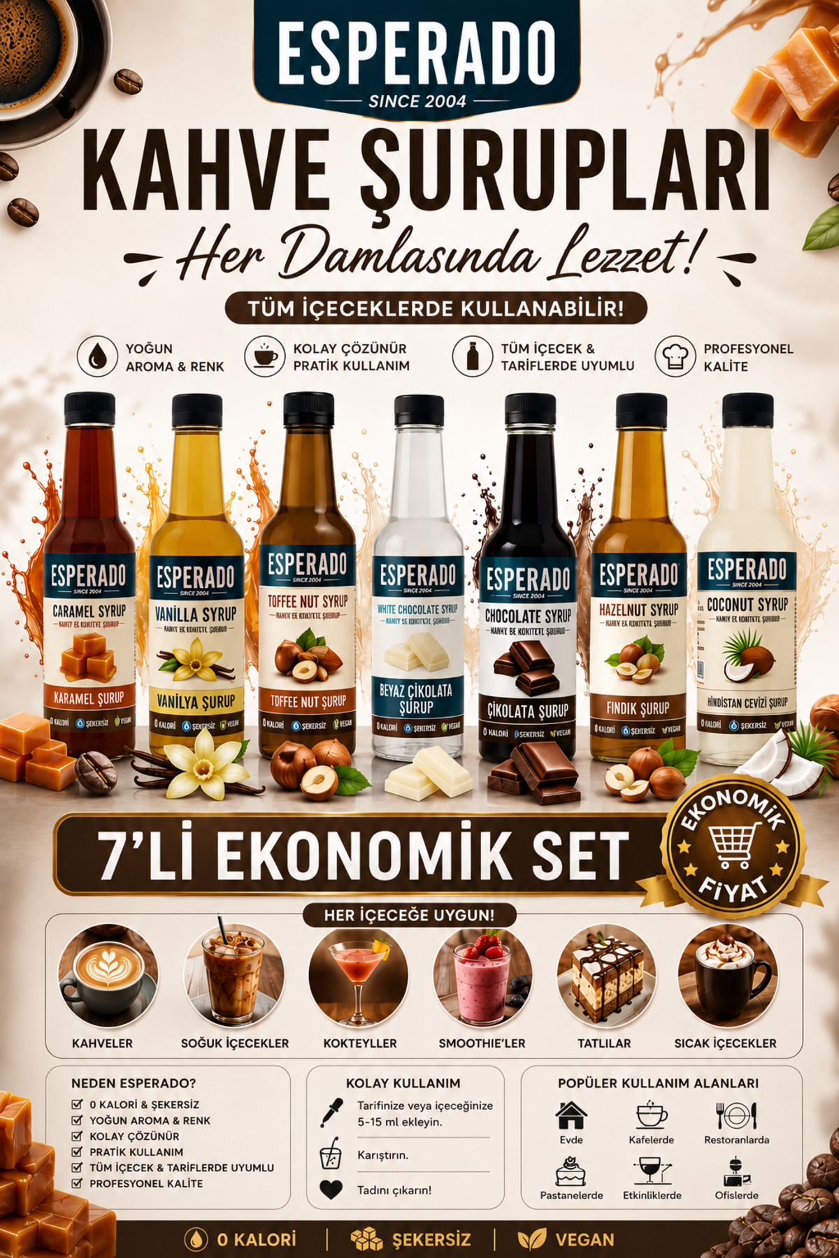 ESPERADO Şekersiz Sugar Free 7 Li Ekonomik Kahve Şurubu Seti 250 ml X 7 Adet