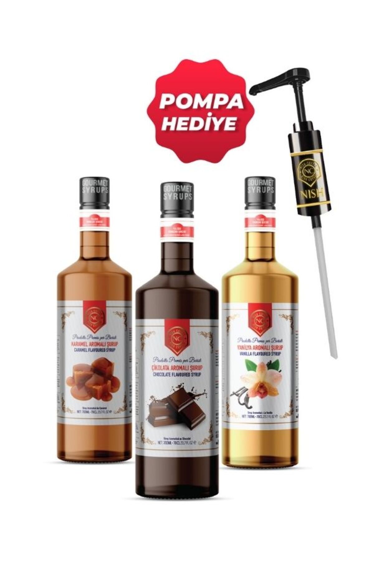 Nish Coffee Nish Vanilya,Karamel,Çikolata Aromalı Şurup 3 x 700 ML - Pet Şişe + Pompa Hediyeli