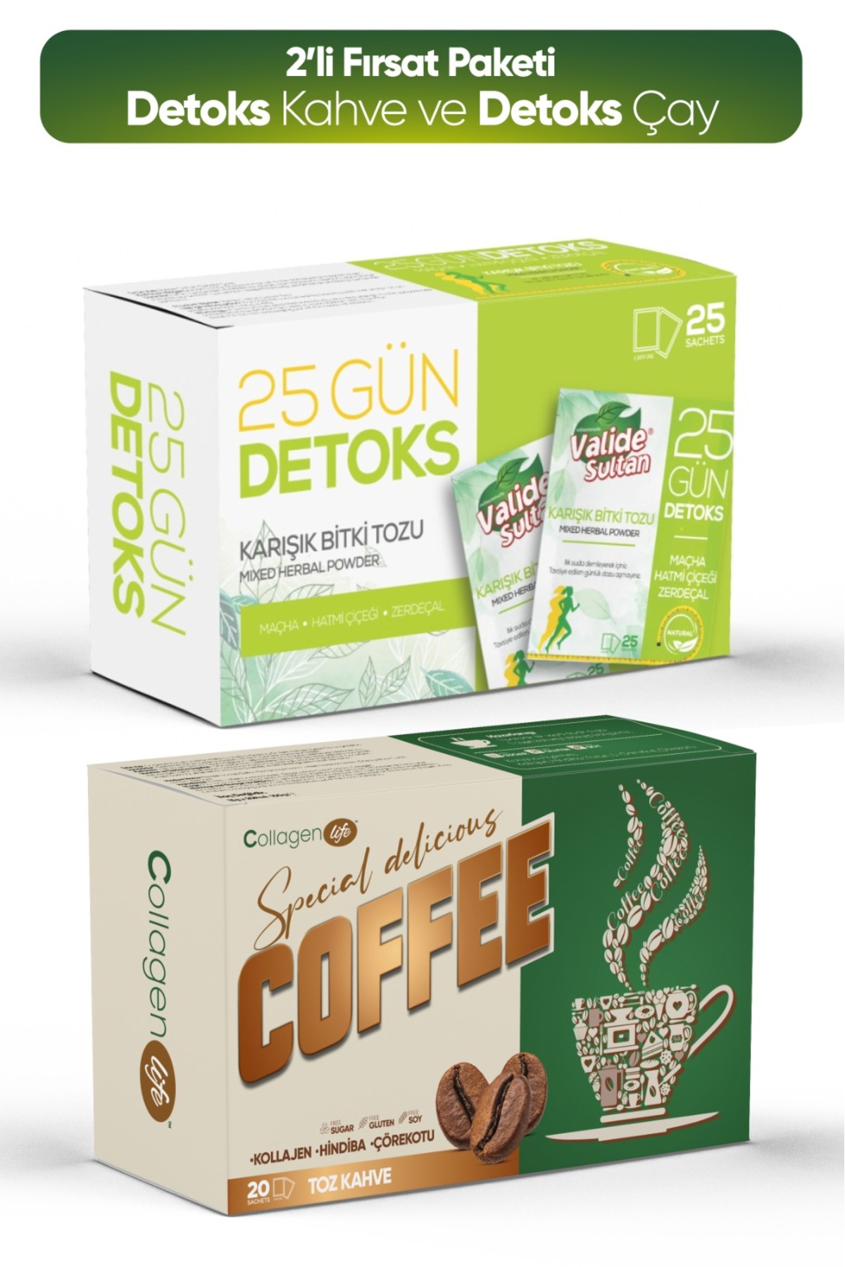 Collagen Life Hindiba, Kollajen, Garsinya Ve Çörek Otu Içeren Detox Kahve 20 & Detox Çayı Fırsat Seti