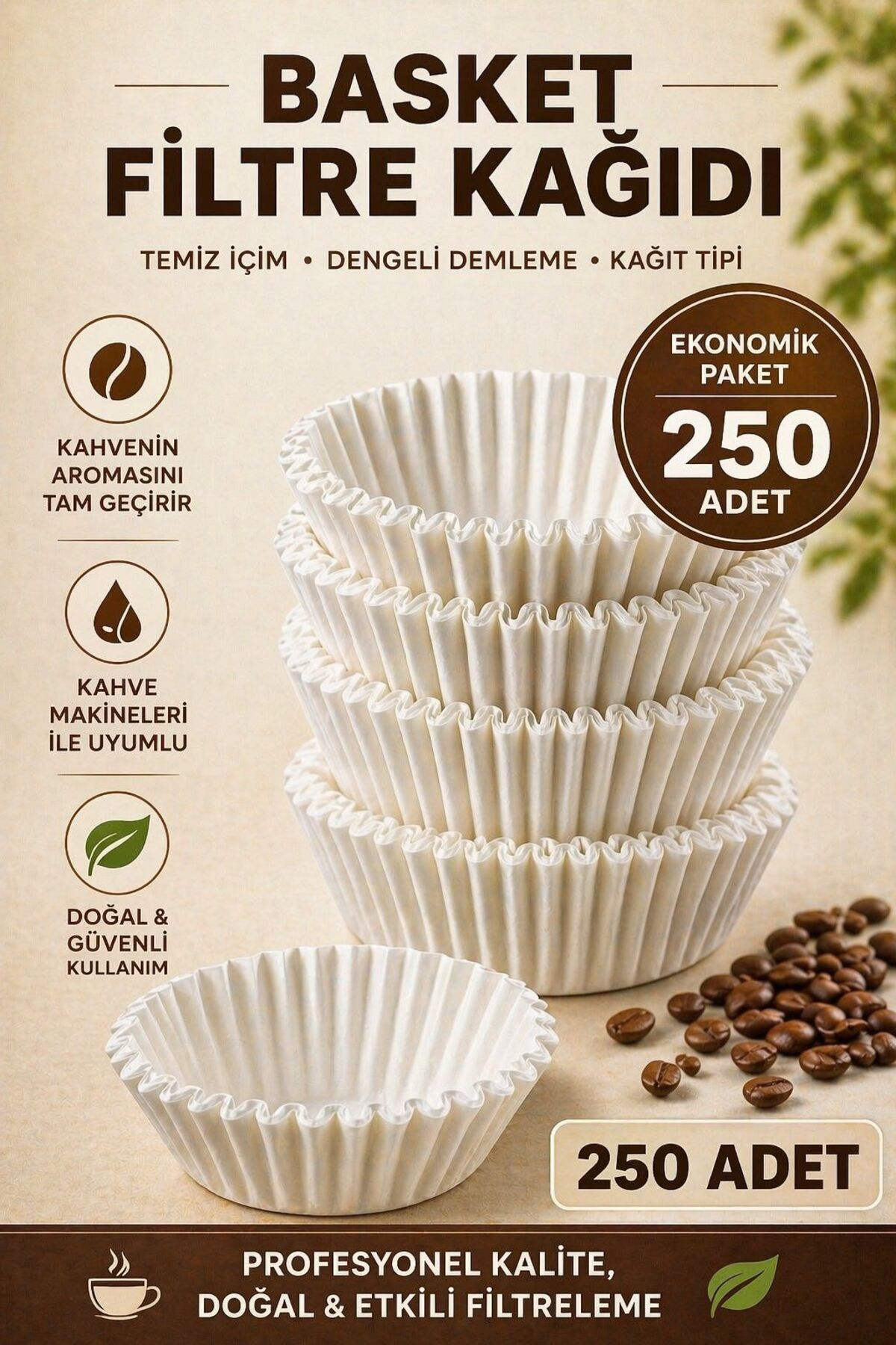 Kahveciniz 250/90 Basket Filtre Kahve Kağıdı 250 Adet – Kahve Makinesi Uyumlu, Profesyonel Demleme