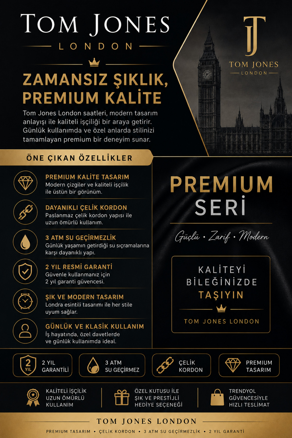 Tom Jones London ERKEK KOL SAAT ORJİNAL ÇELİK GÜMÜŞ RENK 3ATM SU GEÇİRMEZ 2 YIL GARANTİLİ FATURALI - Görsel 3