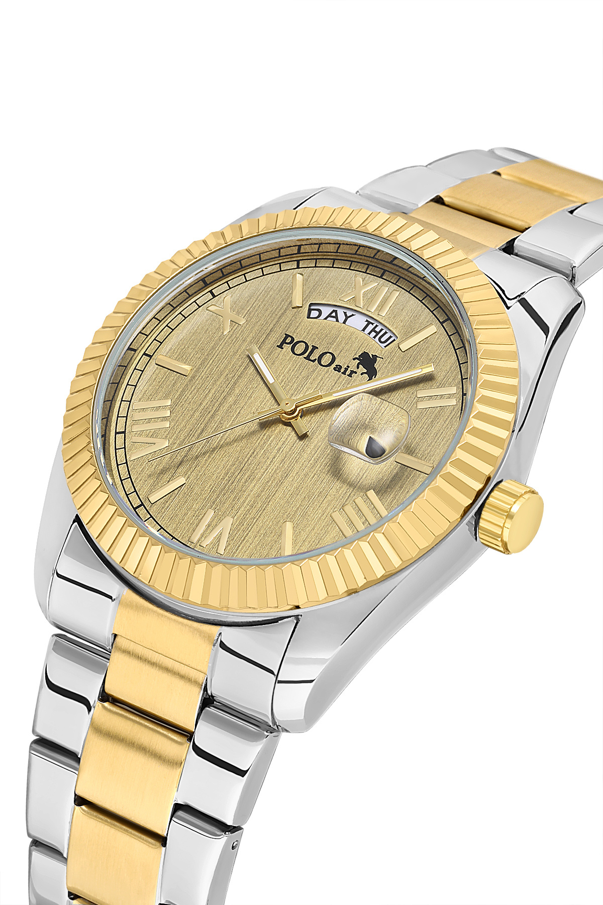 polo air Ay Gün Gösterge Takvimli Erkek Kol Saati Gold Gümüş Renk PL-7076E9x