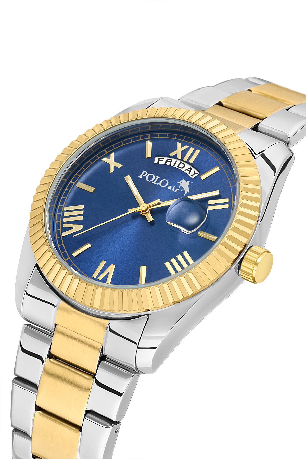 polo air Ay Gün Gösterge Takvimli Erkek Kol Saati Gold Gümüş Lacivert Renk PL-7076E7x