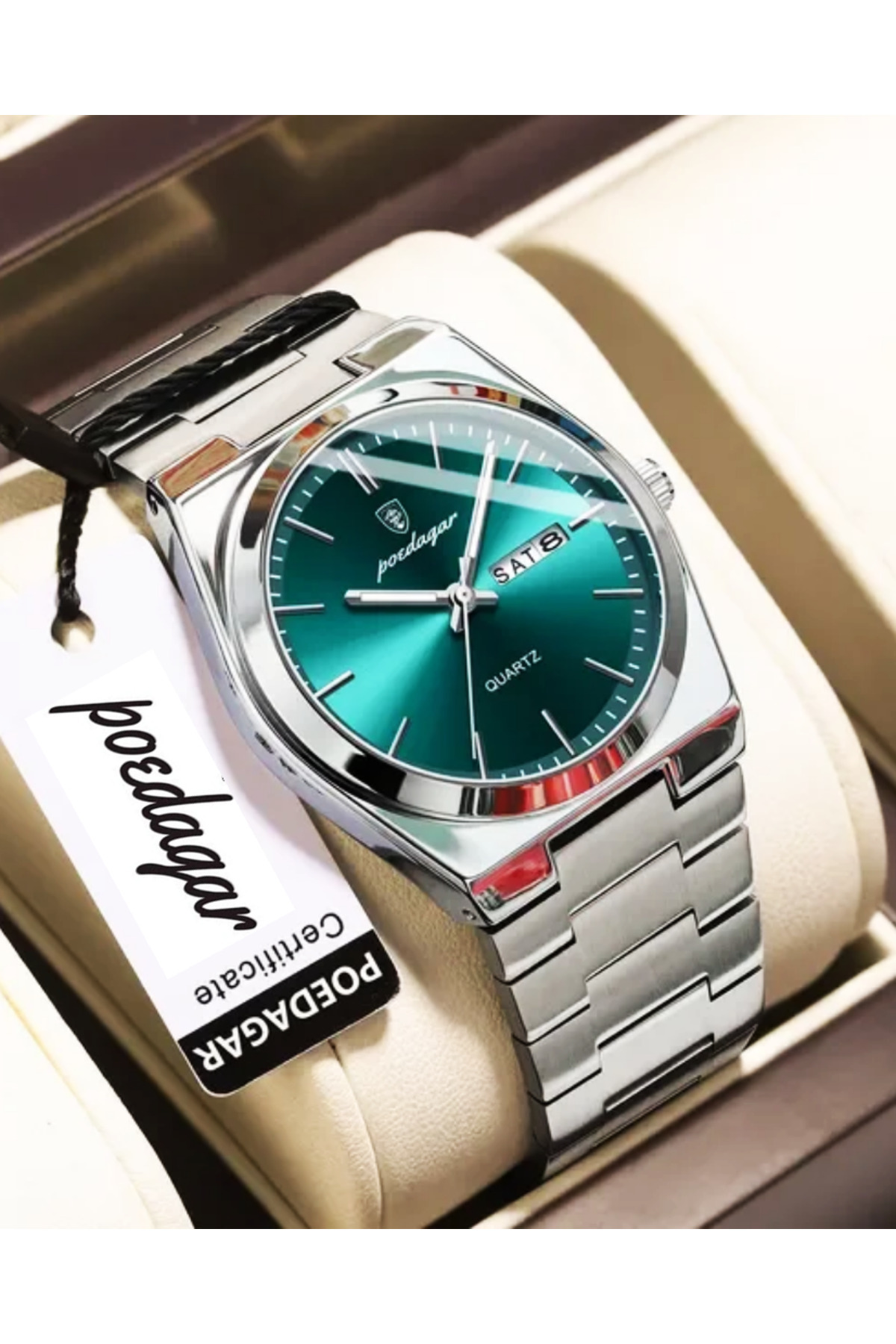 POEDAGAR Lüks Metal Erkek Kol Saati 40 mm Su yeşili Kadran Quartz Analog 3ATM Su Geçirmez