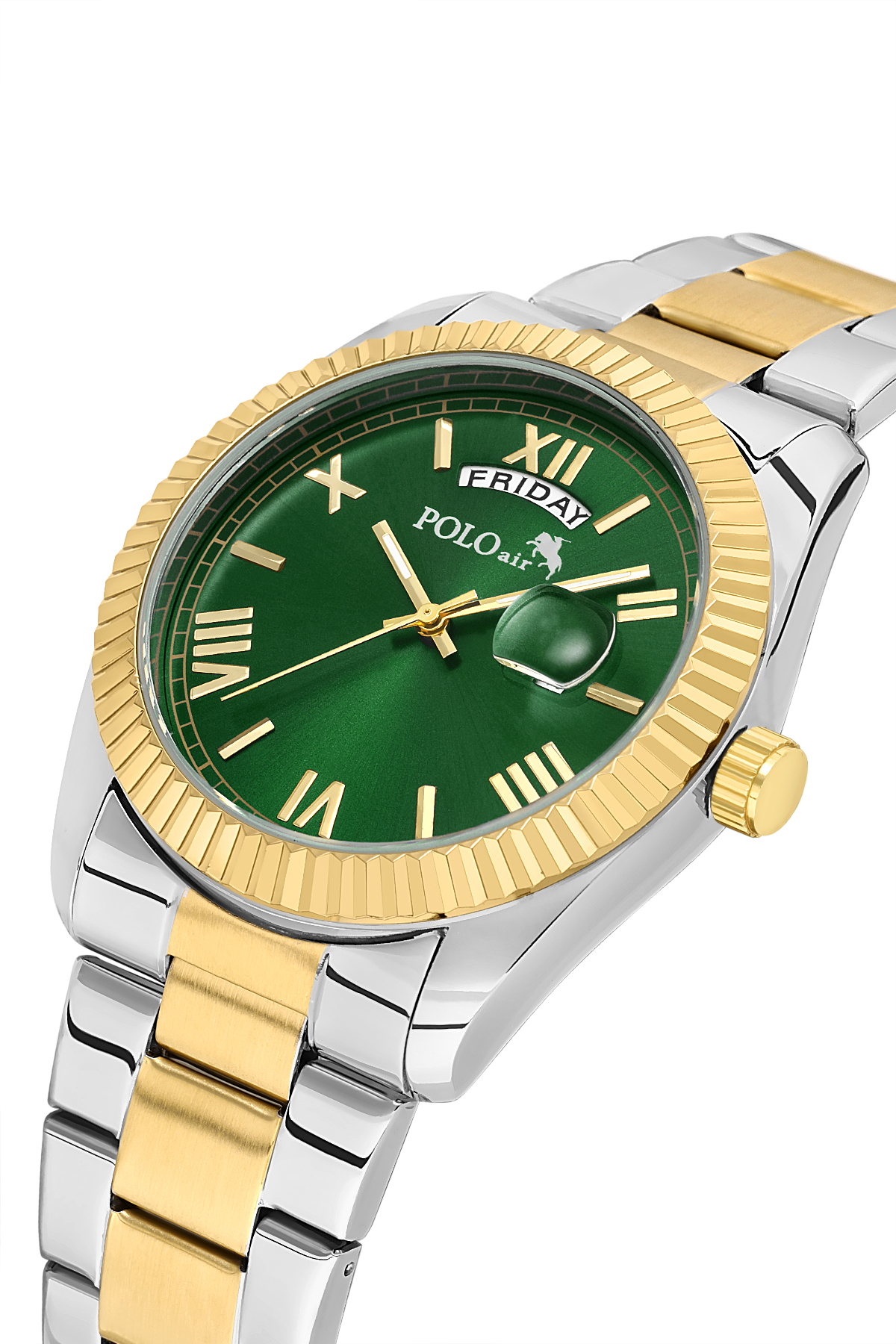 polo air Ay Gün Gösterge Takvimli Erkek Kol Saati Gold Gümüş Yeşil Renk PL-7076E8x