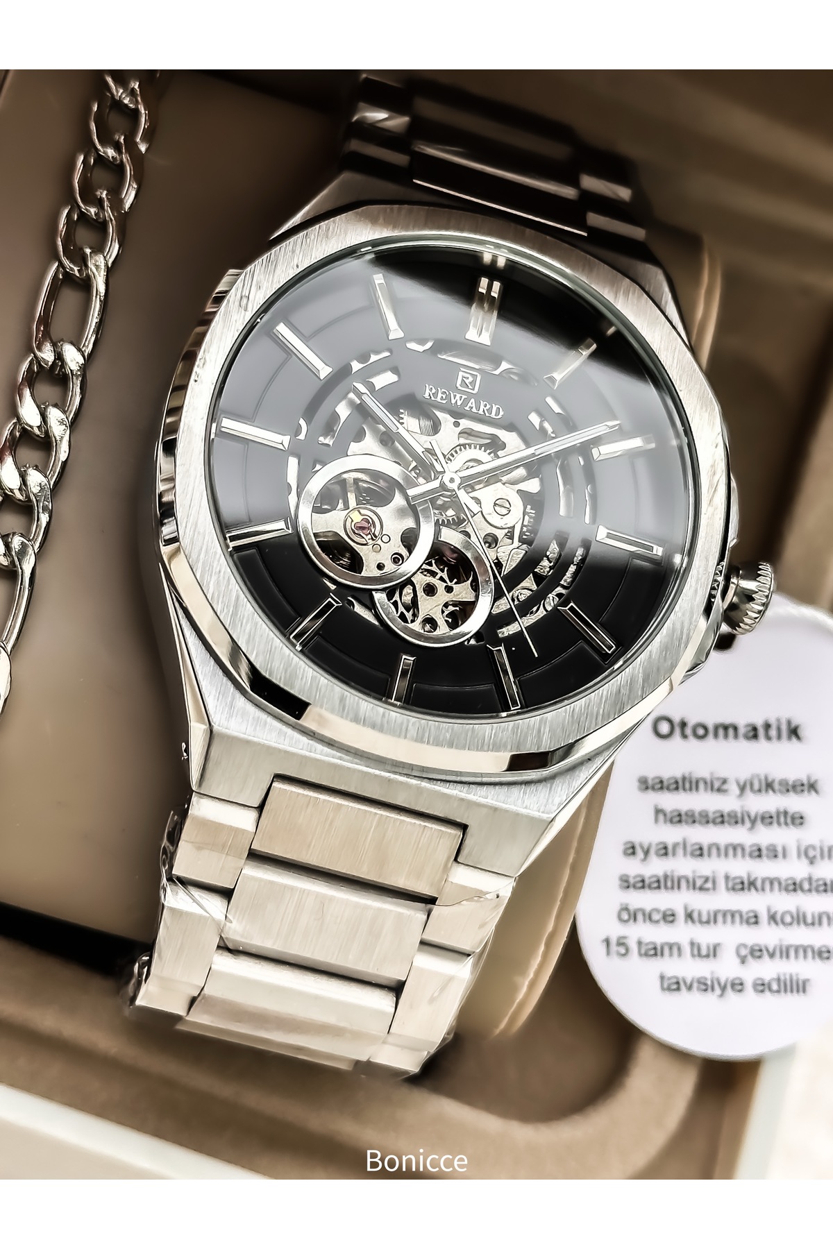 Reward OTOMATİK (Pilsiz) Erkek Kol Saati, Gümüş Çelik Kordon, FONKSİYONLU, Siyah Kadran, + Zincir Bileklik