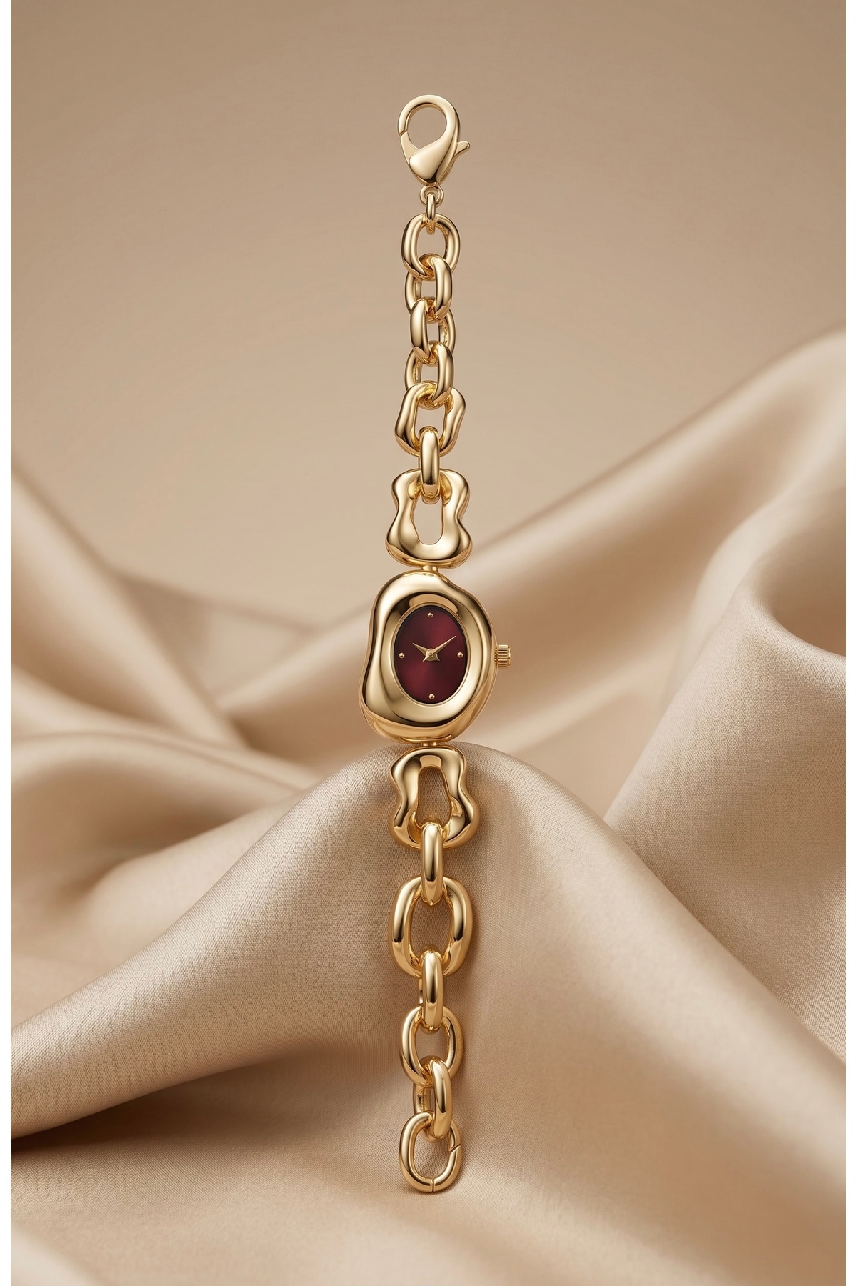 KLISHE Butik Pinterest Kadın Çelik Saat Gold Renk & Bordo Kadran Özel Tasarım Old Money Vintage High Quality Luxury | Zincir Kordon Lüks Zarif Şık Kadın Kol Saati | Limited Edition 2026 - Görsel 3