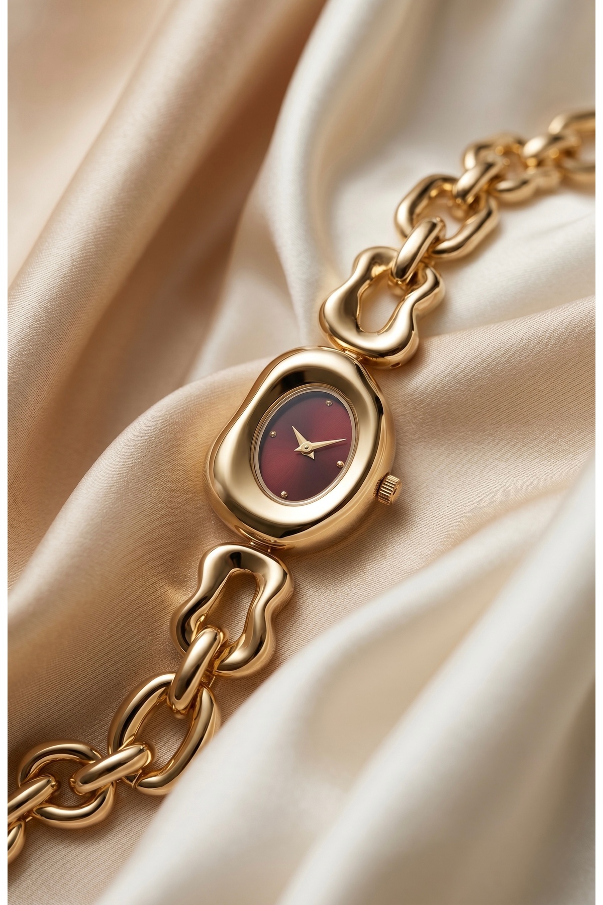 KLISHE Butik Pinterest Kadın Çelik Saat Gold Renk & Bordo Kadran Özel Tasarım Old Money Vintage High Quality Luxury | Zincir Kordon Lüks Zarif Şık Kadın Kol Saati | Limited Edition 2026
