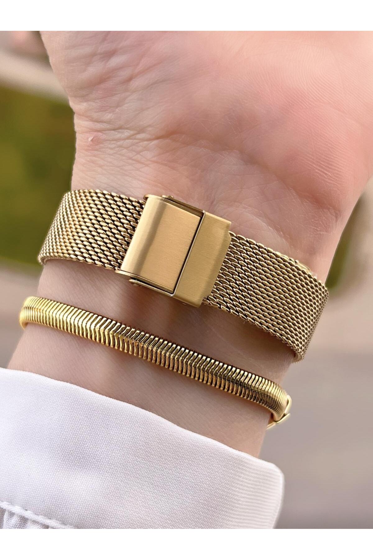 Ferrucci Gold Hasır Çelik Kordonlu Yeni Trend Renk Atmaz 30 Mt Su Geçirmez Bileklik Hediyeli - Görsel 3