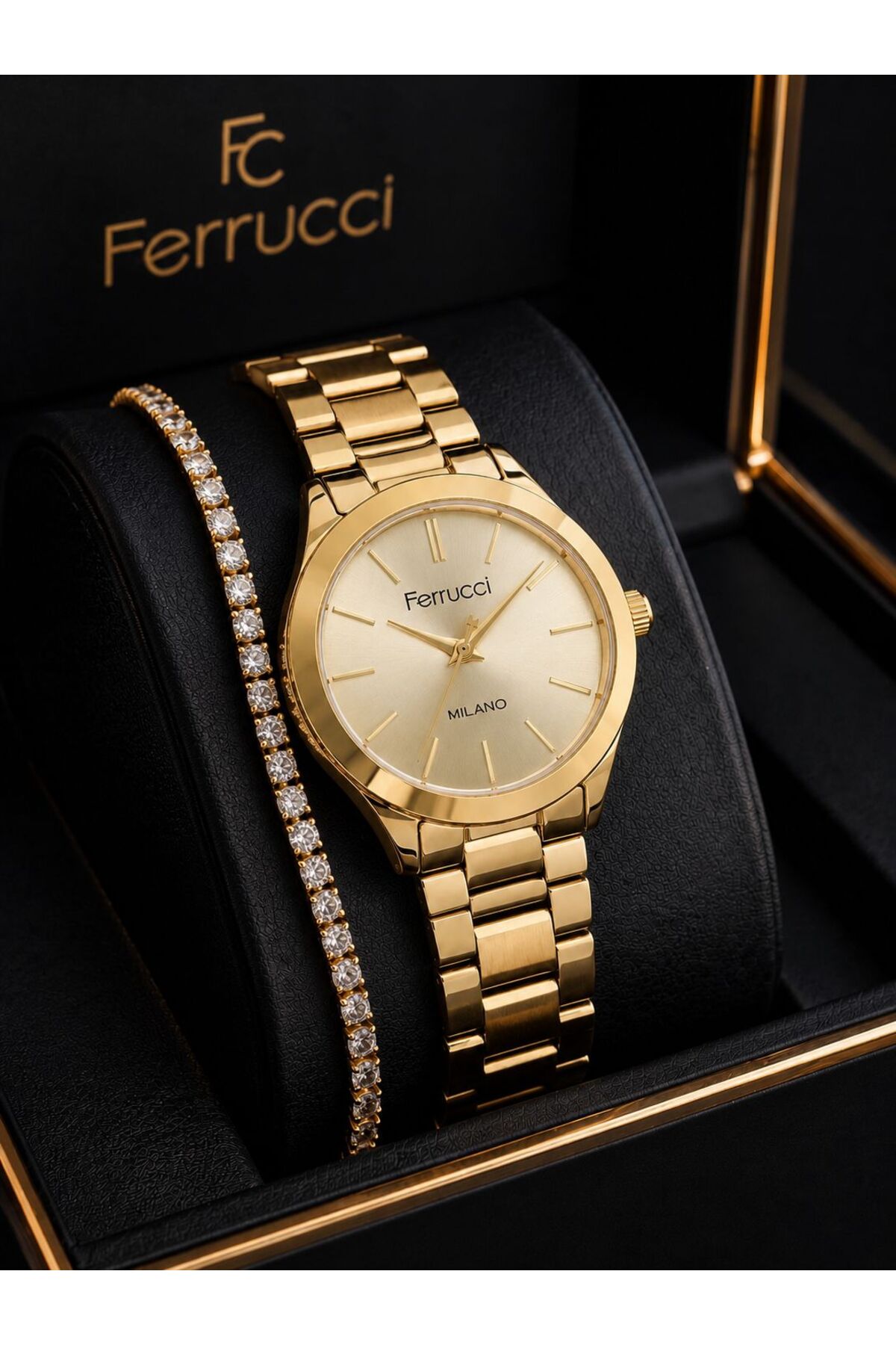 Ferrucci Gold Altın Renk Kadın Kol Saati Bileklik Özel Seri Çelik Kordon Kararma Renk Atma Yapmaz