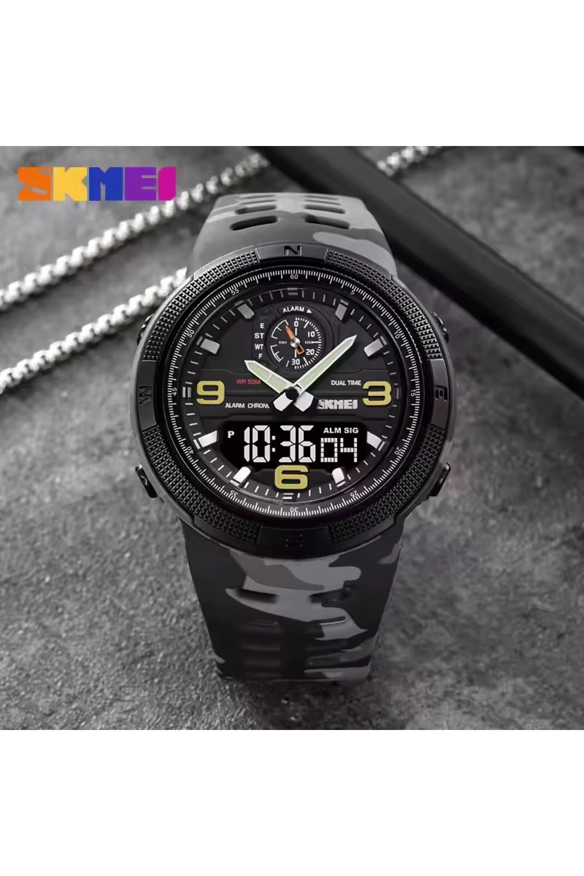 Skmei 1655 Dijital Analog Spor kamuflaj Kol Saati