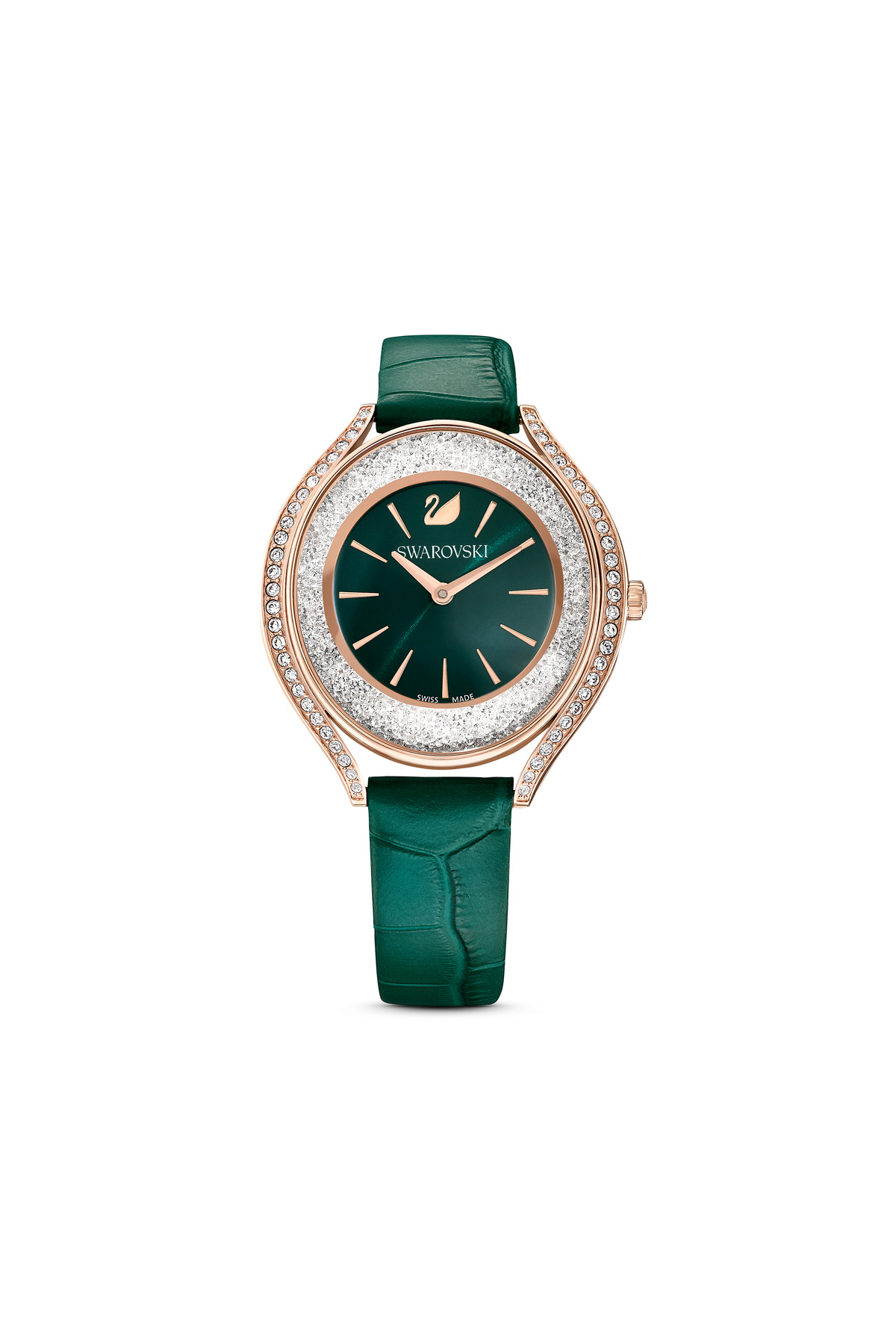 Swarovski Crystalline aura Saat, İsviçre Üretimi, Deri kayış, Yeşil, Pembe altın rengi yüzey