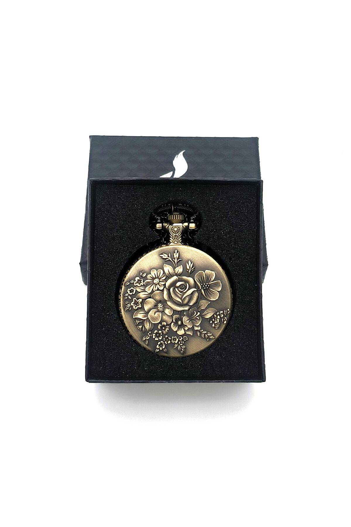 valkyrie Zarif Kabartma Çiçek Desenli Vintage Bronz Cep Saati - Kolye Köstekli Retro Hediye - Görsel 3
