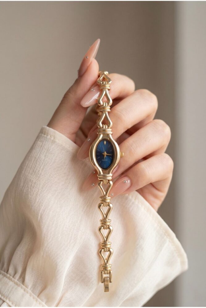 KLISHE Butik Pinterest Kadın Çelik Saat Gold Renk & Mavi Kadran Luxury Edition | Şık Zarif Vintage Saat Old Money Kadın Kol Saati 2026 - Görsel 2