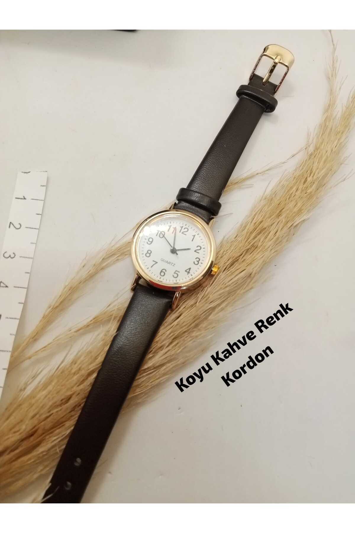 QUARTZ Minimal Vintage Kadın Kol Saati Retro Koyu Kahve Renk Kordon GOLD KASA