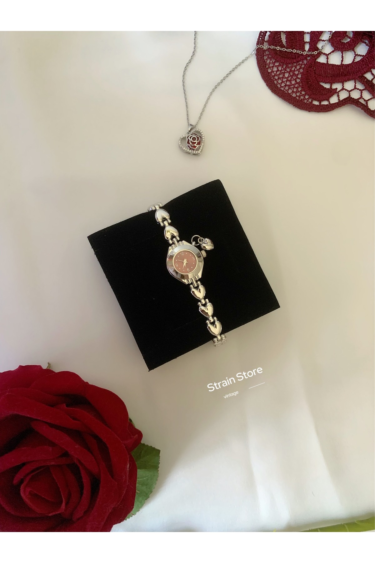 chaoyada Pinterest Bordo Kalp Charm Vintage Kadın Saat Özel Kutusunda - Görsel 3