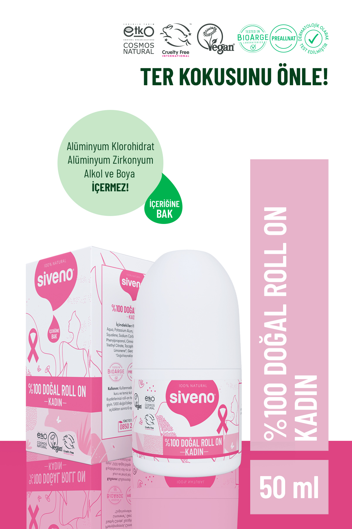 Siveno 0 Doğal Roll On Kadın Deodorant Ter Kokusu Önleyici Bitkisel Leke Bırakmayan Vegan 50 ml
