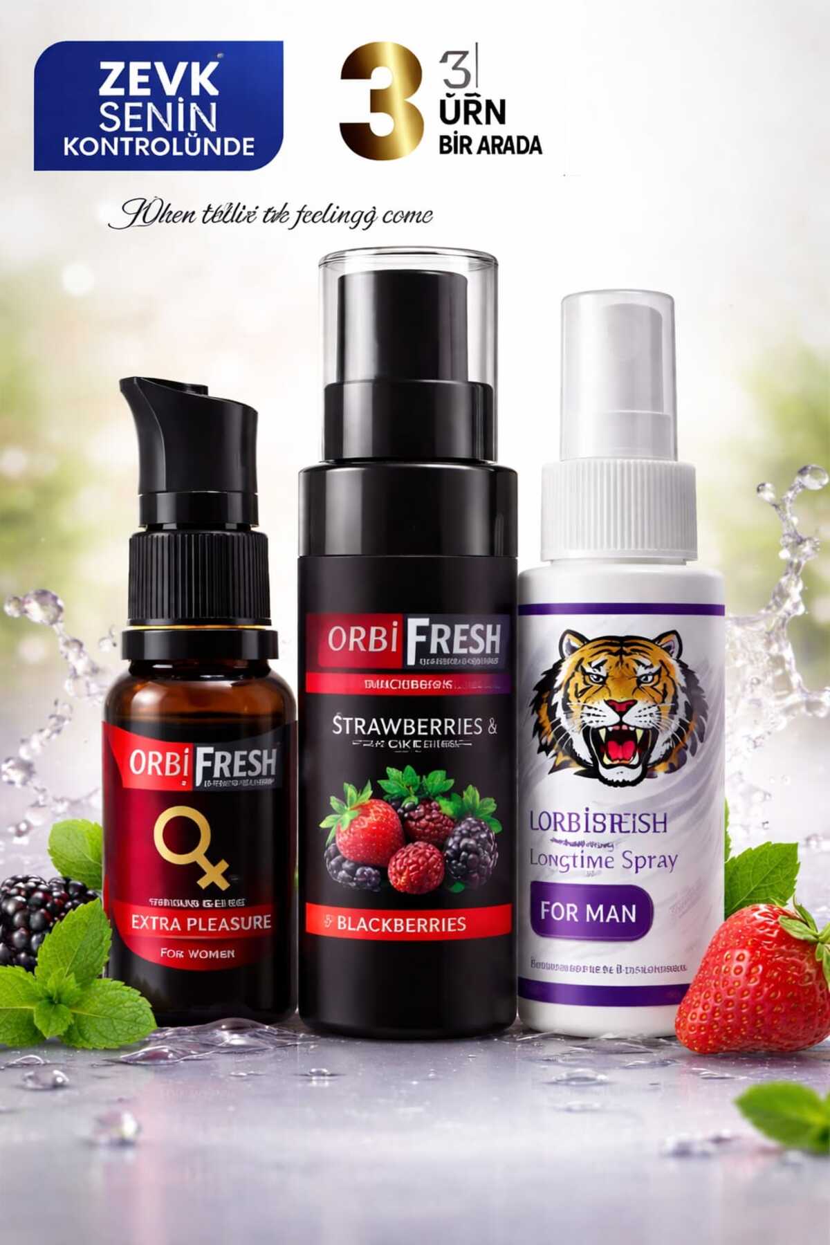 ORBIFRESH 3'LÜ Set Erkek Uzun Deneyim Kadın Uyarıcı Jel Kayganlaştırıcı Jel Çilekli 60 ML