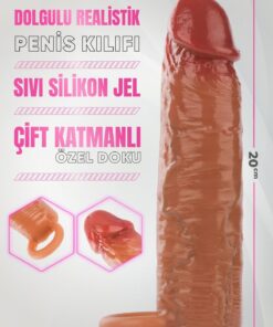 Lolita Shop Uzatmalı Çift Katmanlı Soft Sıvı Silikon 20 Cm Testise Geçirmeli Dolgulu 3 Cm Realistik Penis Kılıfı