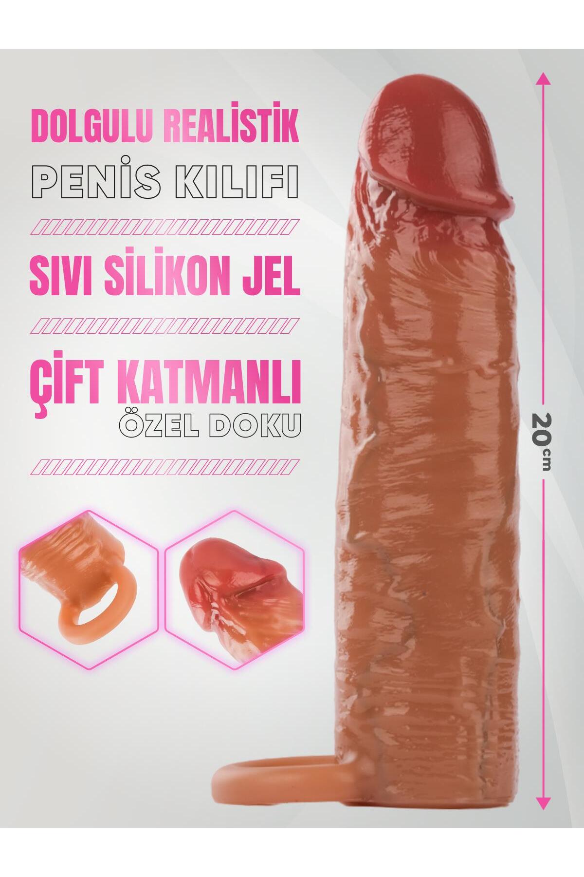 Lolita Shop Uzatmalı Çift Katmanlı Soft Sıvı Silikon 20 Cm Testise Geçirmeli Dolgulu 3 Cm Realistik Penis Kılıfı
