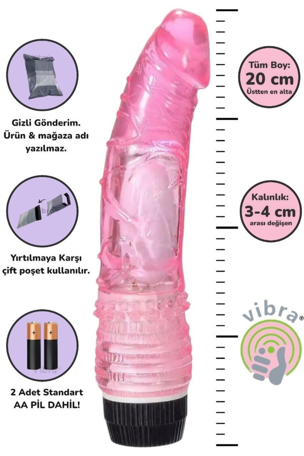 vibra Titreşimli Dildo Kırmızı Jel Vibratör 20 cm
