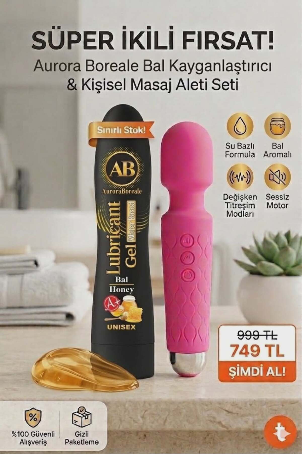 AuroraBoreale Büyük Boy Bal Aromalı Kayganlaştırıcı Jel 20 Modlu Şarjlı Titreşimli Aksesuar Set