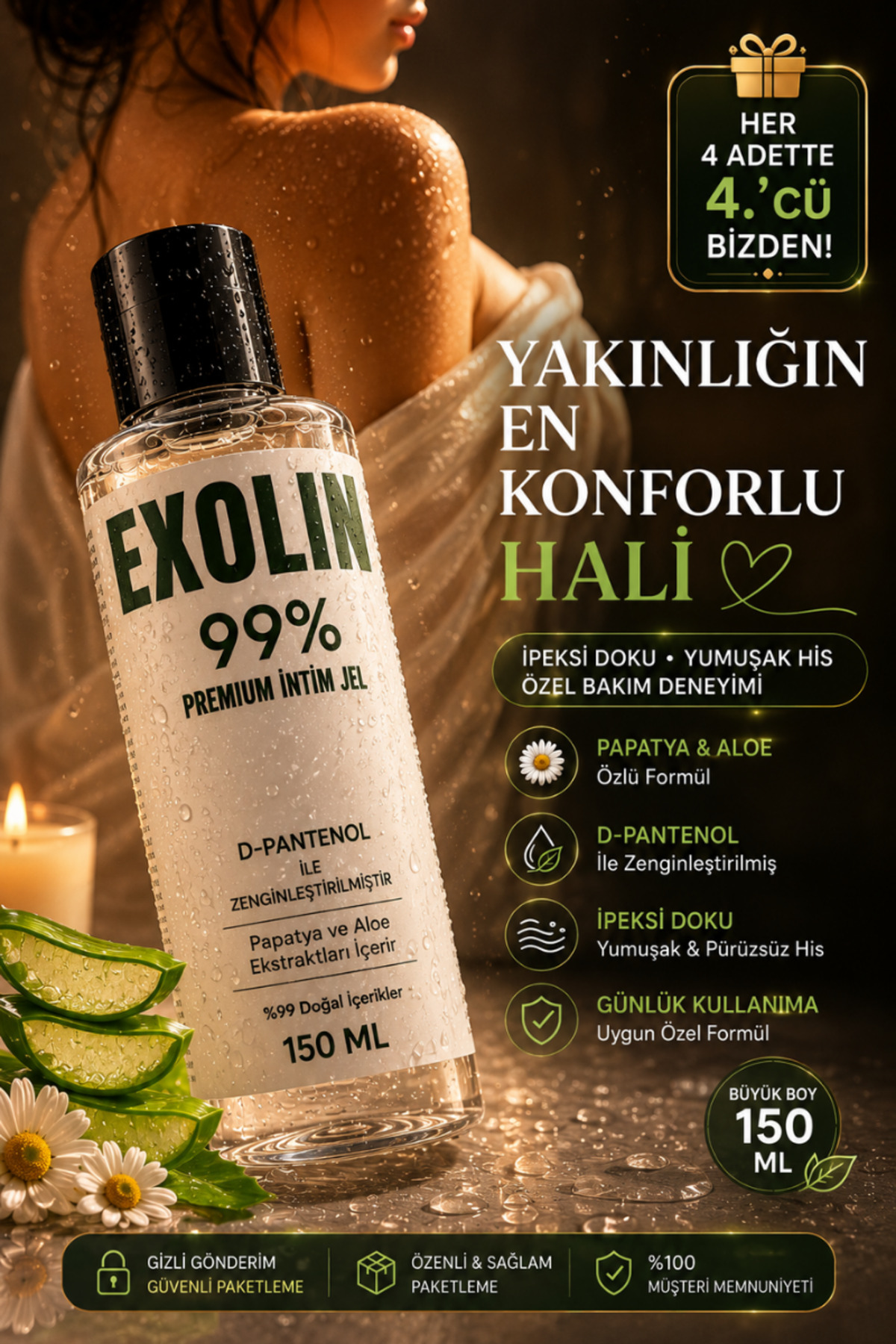 EXOLİNİ Kadınlar İçin Kayganlaştırıcı Masaj Jel 150 ml Aloe Vera & Papatya Özlü