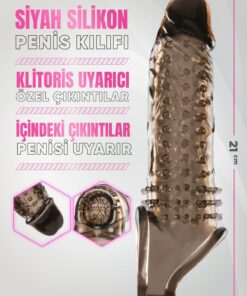 Lolita Shop Klitoris Uyarıcılı Tırtıklı Siyah Silikon 4 Cm Uzatmalı Dolgulu 21 Cm Testis Tutacaklı Penis Kılıfı