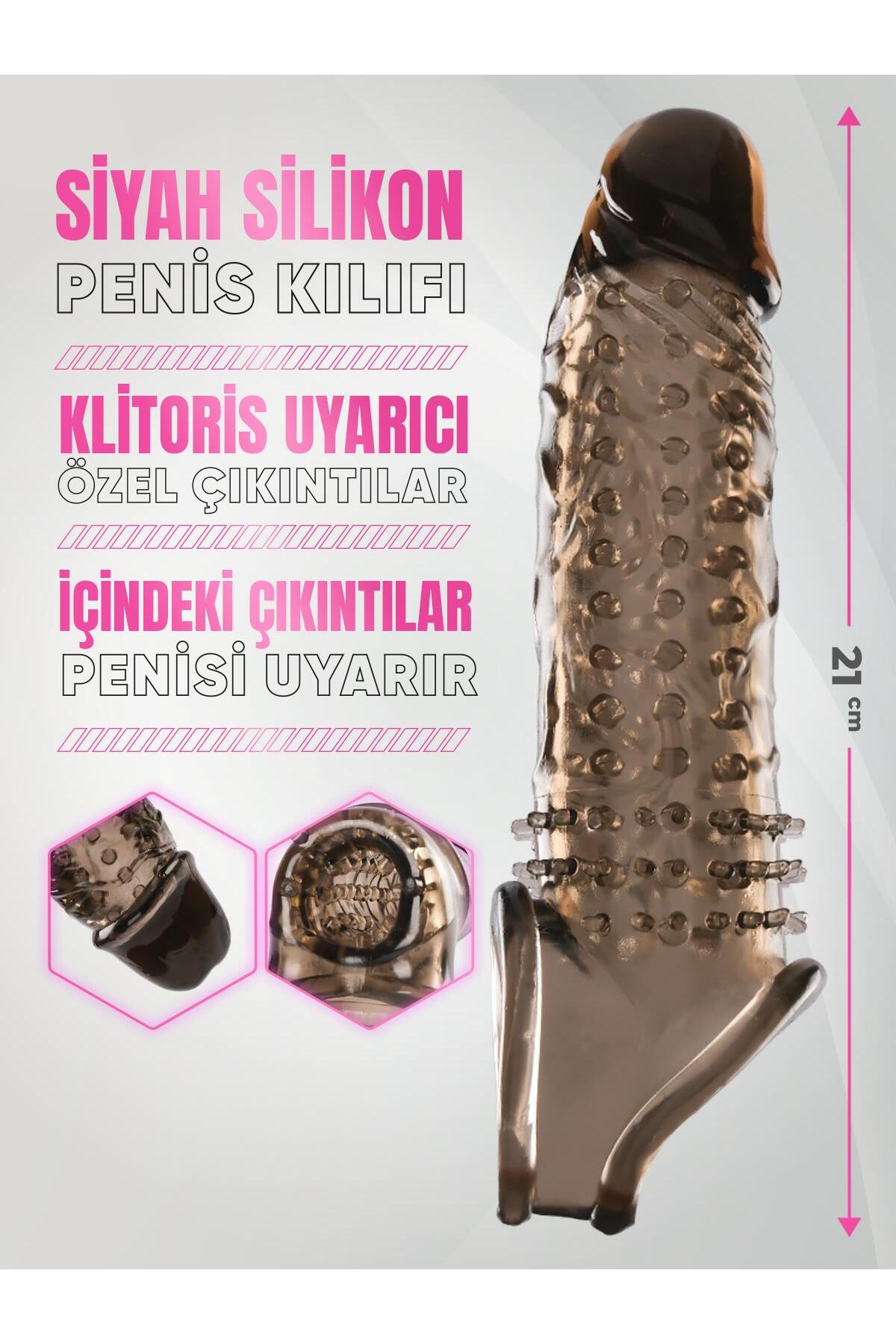 Lolita Shop Klitoris Uyarıcılı Tırtıklı Siyah Silikon 4 Cm Uzatmalı Dolgulu 21 Cm Testis Tutacaklı Penis Kılıfı