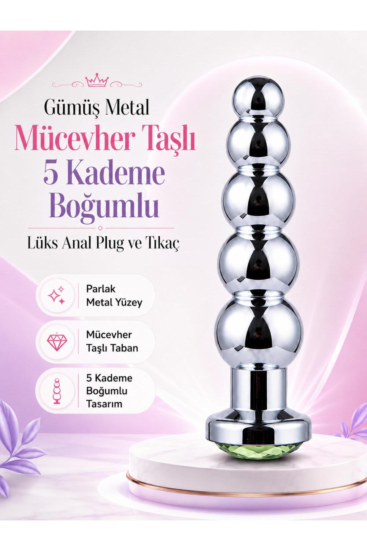 Lolita Shop Gümüş Metal Taşlı 5 Kademe Boğumlu Anal Açıcı Genişletici Alıştırıcı Lüks Anal Plug ve Tıkaç