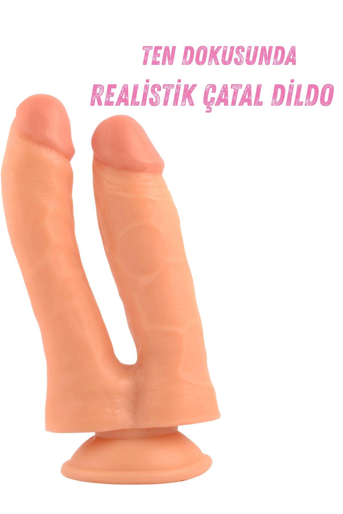 Lolita Shop Ten Renginde Çift Başlıklı Vantuzlu Gerçekçi Et Dokusunda Anal Vajinal Dildo Çatal Realistik Penis