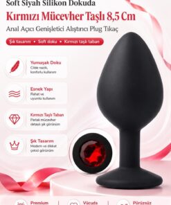 Lolita Shop Kırmızı Mücevher Taşlı Soft Siyah Silikon Dokuda 8,5 Cm Açıcı Anal Genişletici Alıştırıcı Plug Tıkaç