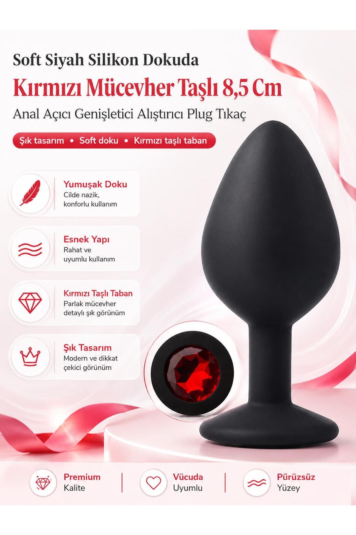 Lolita Shop Kırmızı Mücevher Taşlı Soft Siyah Silikon Dokuda 8,5 Cm Açıcı Anal Genişletici Alıştırıcı Plug Tıkaç