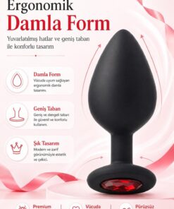 Lolita Shop Kırmızı Mücevher Taşlı Soft Siyah Silikon Dokuda 8,5 Cm Açıcı Anal Genişletici Alıştırıcı Plug Tıkaç - Görsel 3