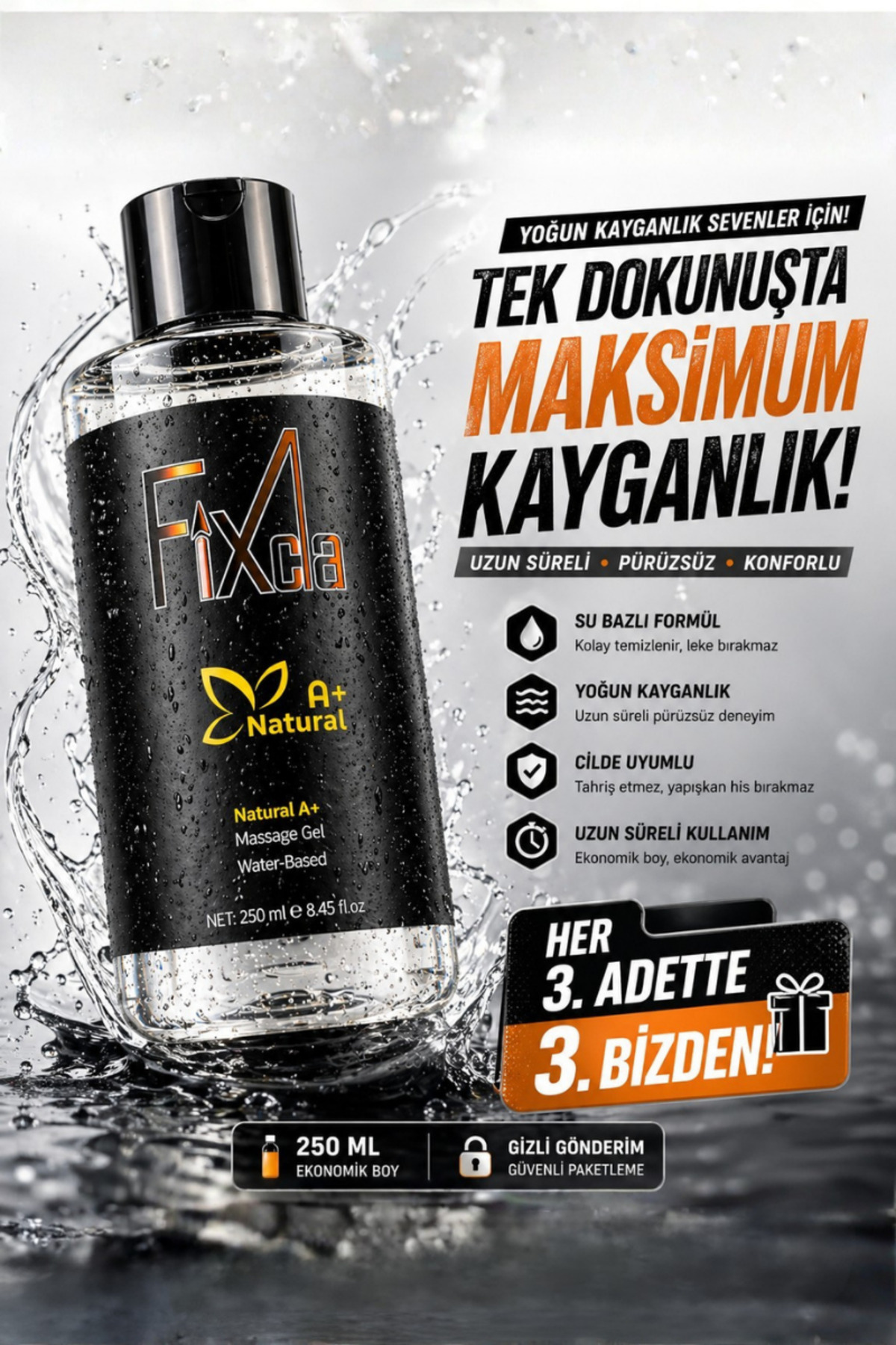 FixCla Natural A+ Su Bazlı Kayganlaştırıcı Jel Uzun Süreli Kayganlık 250 ml