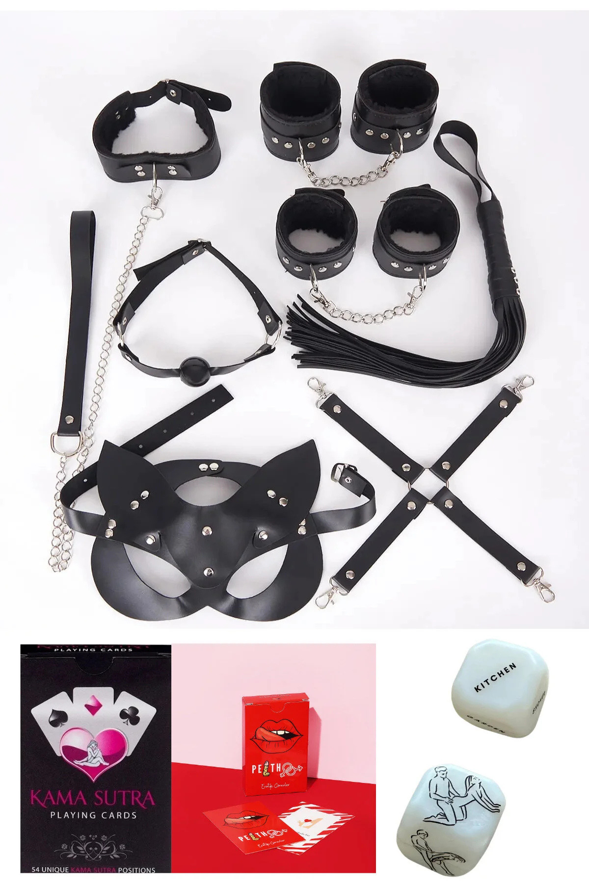 TSM collection Siyah Fantezi 10'lu Kelepçe Kırbaçlı Bdsm Seti