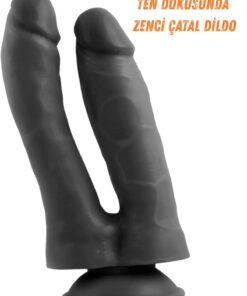 Lolita Shop Zenci Çift Başlıklı Gerçekçi Doku 18 Cm Çatal Penis Güçlü Vantuzlu Anal Vajina Realistik Siyah Dildo