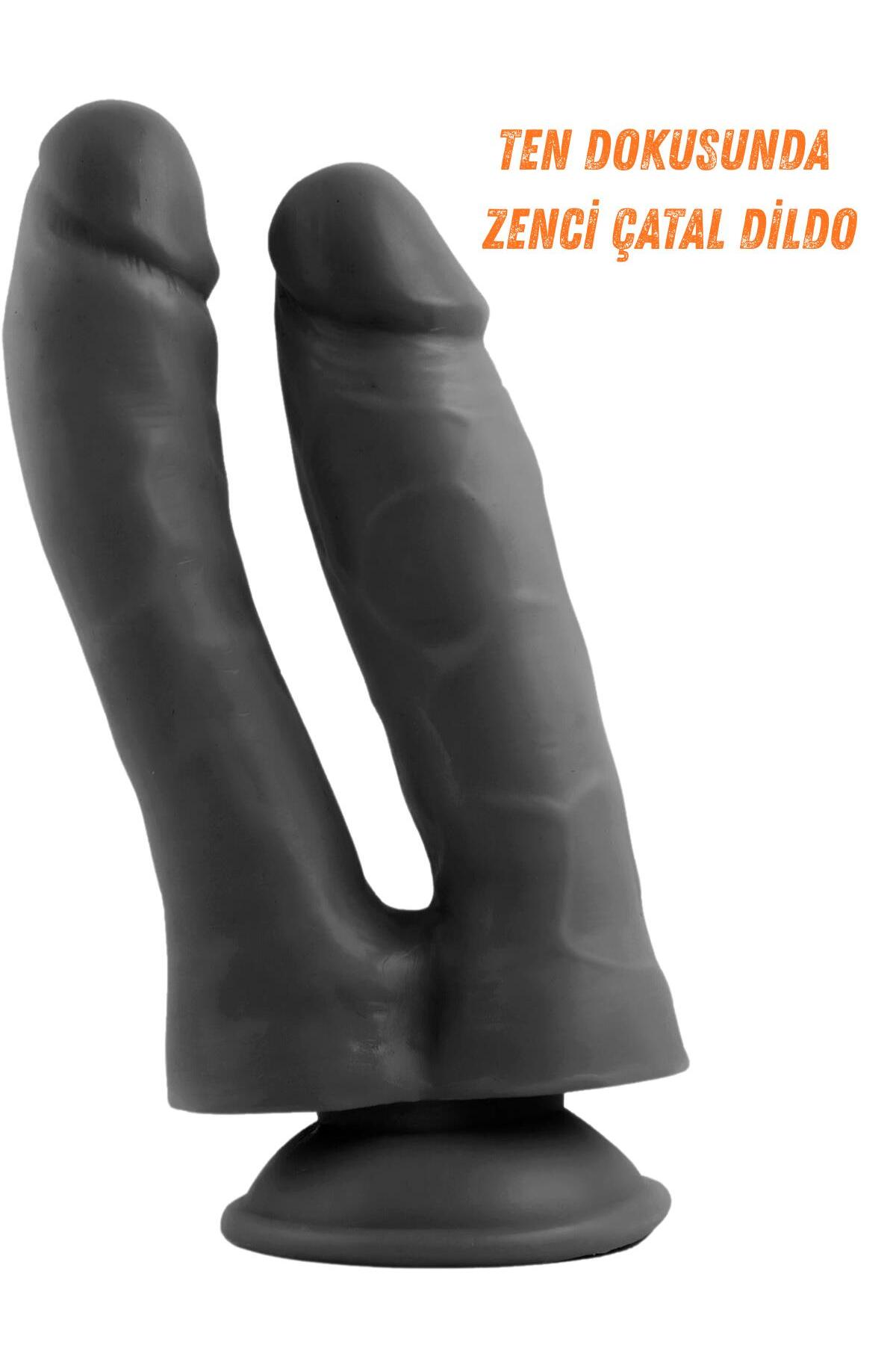 Lolita Shop Zenci Çift Başlıklı Gerçekçi Doku 18 Cm Çatal Penis Güçlü Vantuzlu Anal Vajina Realistik Siyah Dildo